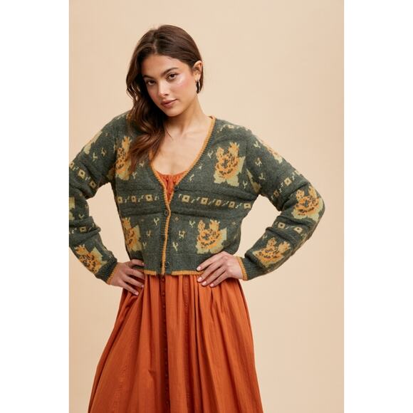 In Loom Cottage Green Size Large Floral Jacquard Cardigan - Picture 2 of 3